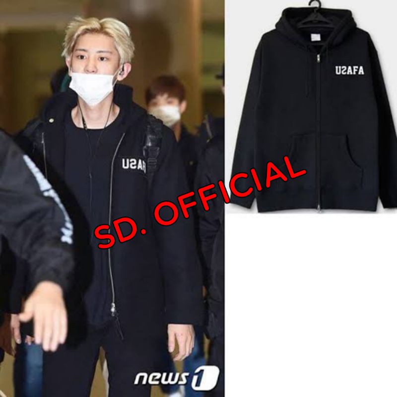 Áo Khoác Hoodie Phối Khóa Kéo In Logo Chanyeol Uzafa Exo Cá Tính