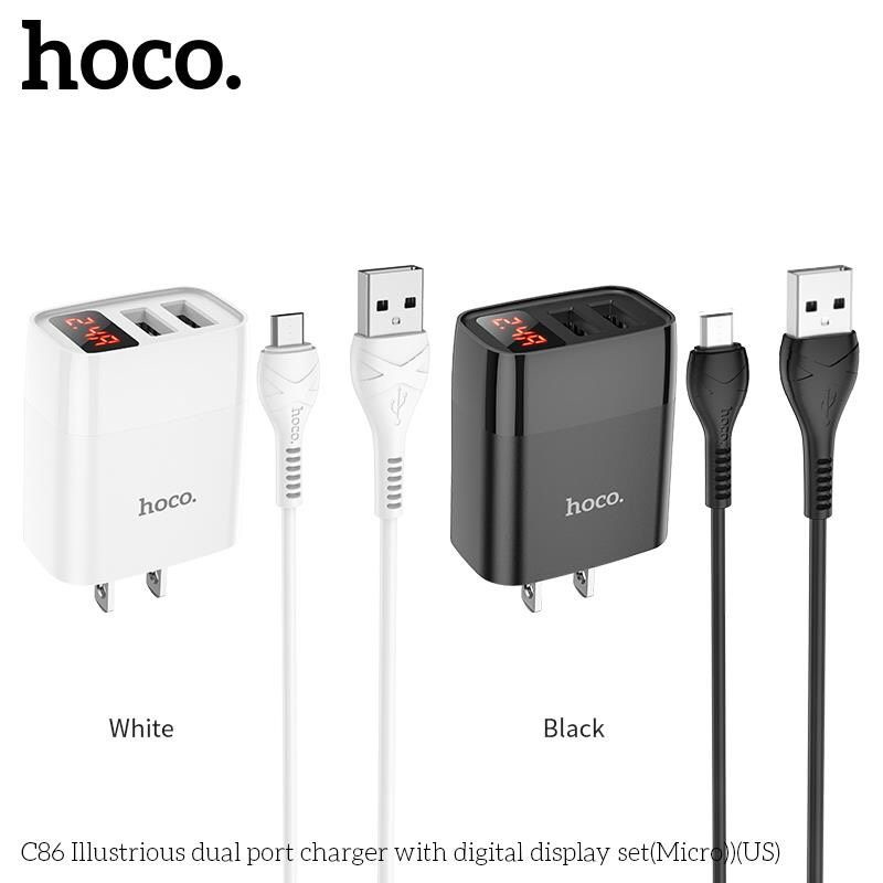 Củ sạc nhanh iPhone Hoco C86 / C86A, cốc sạc nhanh Samsung có 2 cổng USB với đèn LED báo, dòng áp ra 5V-2.4A max 12W