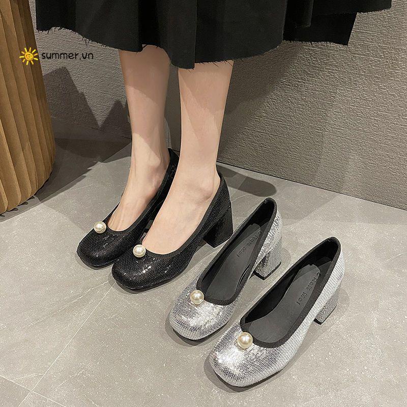 Giày Mũi Vuông Gót Dày Đính Ngọc Trai Phong Cách Thời Trang Xuân Hè Mới 2022 Dành Cho Nữ