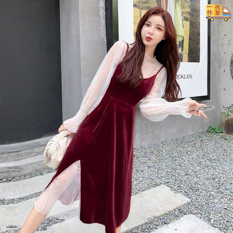 Set đầm hai dây vải nhung mềm mịn thời trang cho nữ