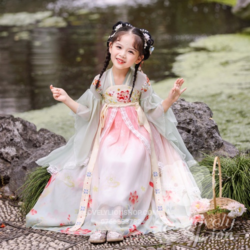 Hán phục màu trắng hồng cho bé gái+tặng kẹp tóc
