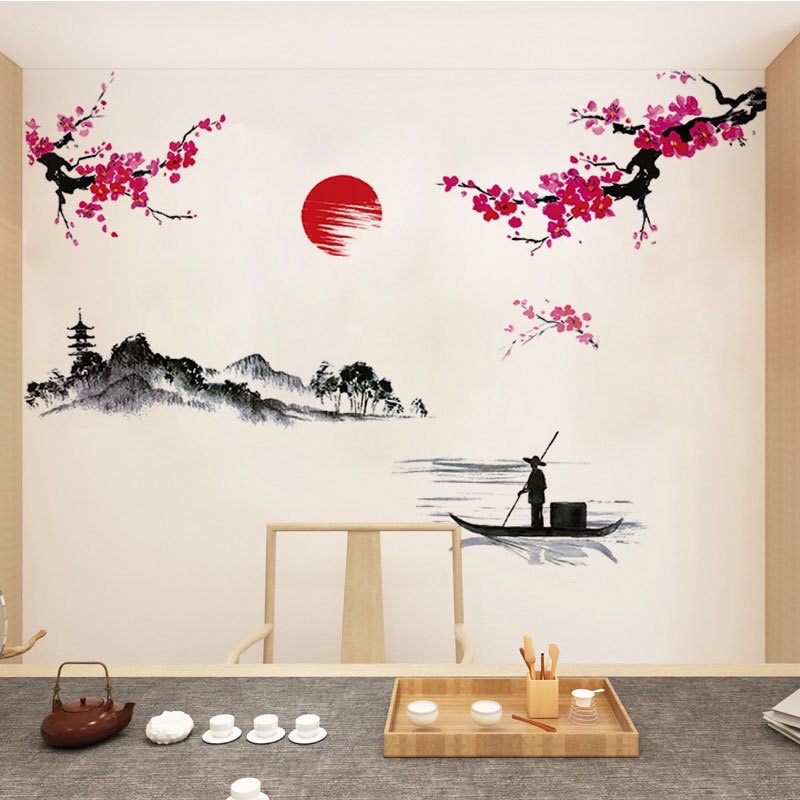 Decal dán tường phòng khách cành đào và hoa sen (mẫu mới)