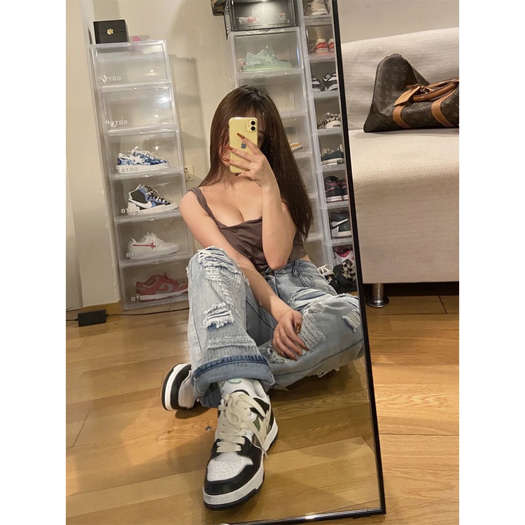 Quần Jean Dài Dáng Rộng Rách Gối Phong Cách Hip Hop Đường Phố Mỹ Cá Tính