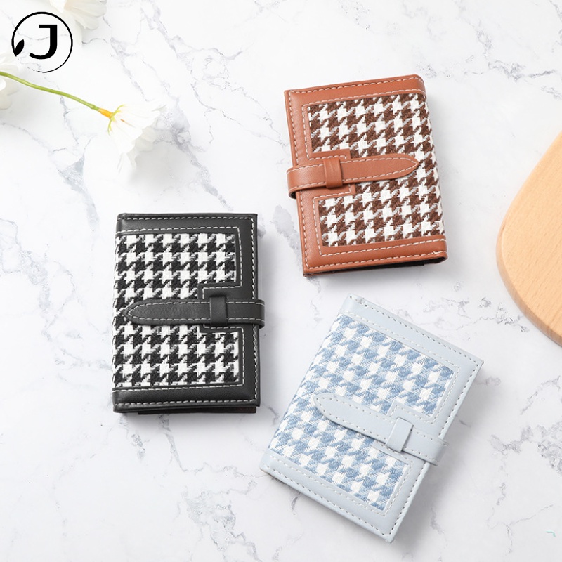 KAITIFEI Ví đựng thẻ mini nhỏ gọn thời trang đẹp da ngắn gập houndstooth phối dây khoá kéo có nhiều ngăn nhỏ cho nữ