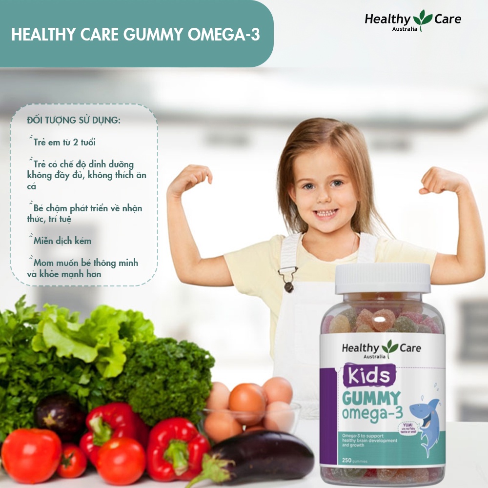 Kẹo dẻo tăng thị lực phát triển trí não Healthy Care Kids Gummy Omega-3 250 viên