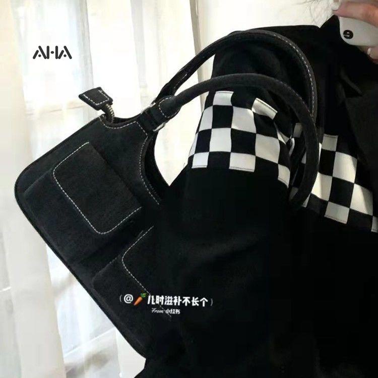 Túi xách đeo dưới cánh tay AHA official cỡ nhỏ hai túi màu xanh dương đậm phong cách retro cho nữ