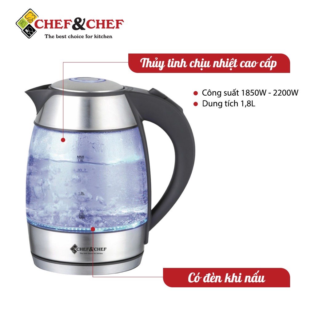 ẤM SIÊU TỐC THỦY TINH CHEF&amp;CHEF CH-1751 LÕI LỌC INOX CAO CẤP