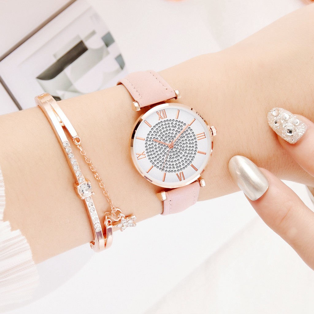 Bộ Đồng Hồ Đeo Tay Dây Da Pu Thời Trang Cho Nữ
