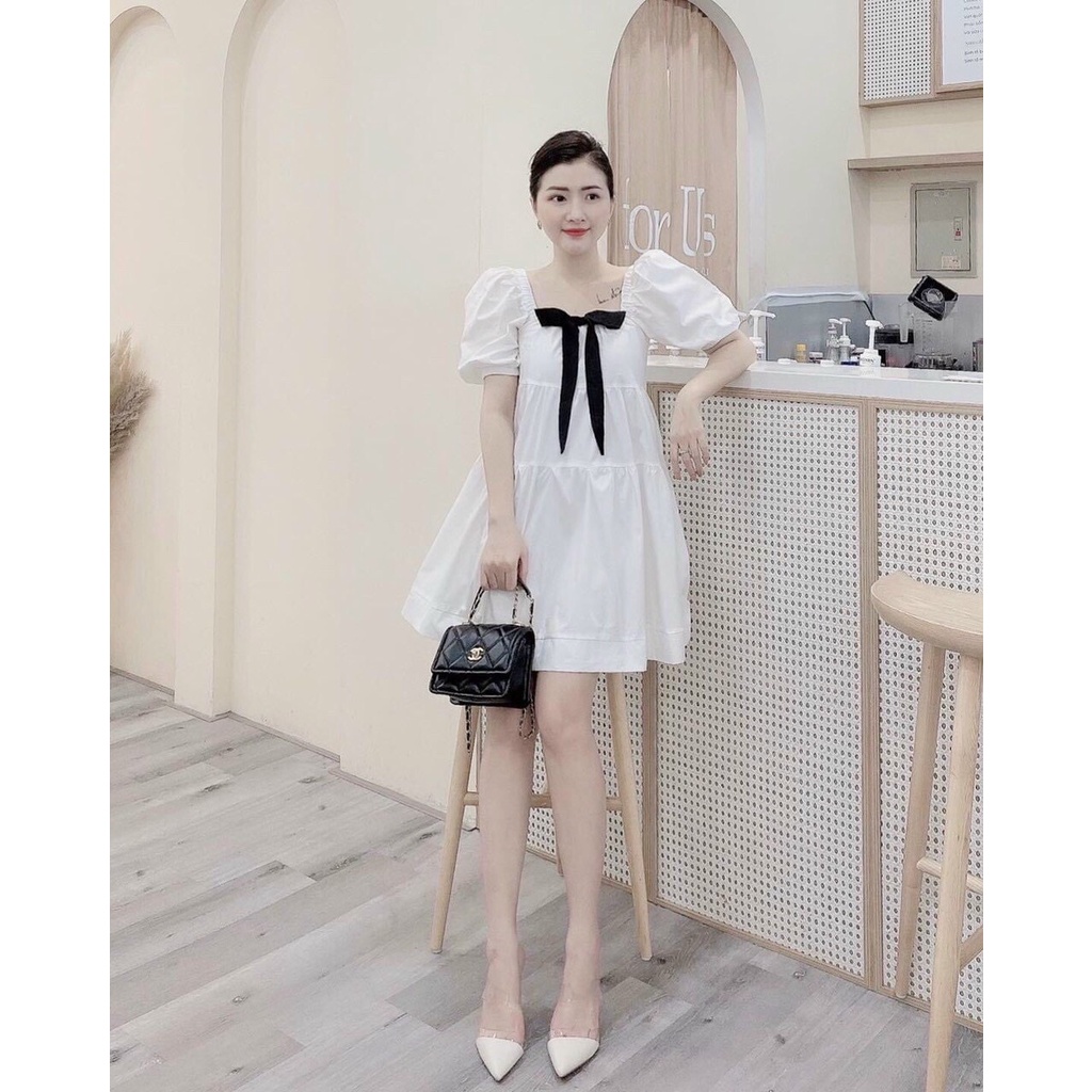 Đầm Nữ Dáng Suông Baby Màu Trắng Tinh Khôi Họa Tiết Phối Cột Nơ Cực Xinh