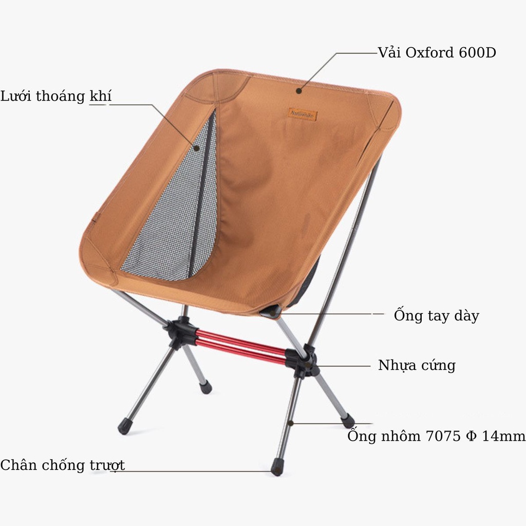 Ghế dã ngoại gấp gọn mặt trăng có tựa đầu Naturehike khung hợp kim nhôm vải Oxford 600D gọn nhẹ chắc chắn chịu lực tốt