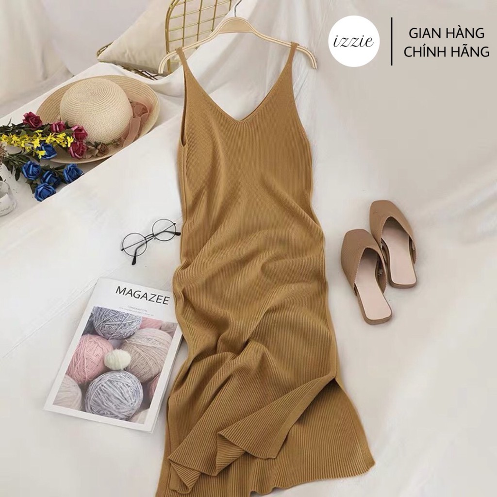Váy hai dây len tăm co dãn VL366 izzie 2022 cổ V, xẻ tà, bầu mặc được, thoải mái 40-65kg | BigBuy360 - bigbuy360.vn