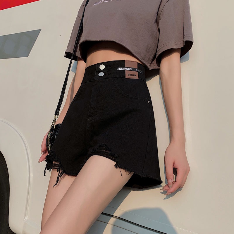 Quần Short Denim Lưng Cao Màu Đen Phong Cách Retro Hàn Quốc Thời Trang Cho Nữ