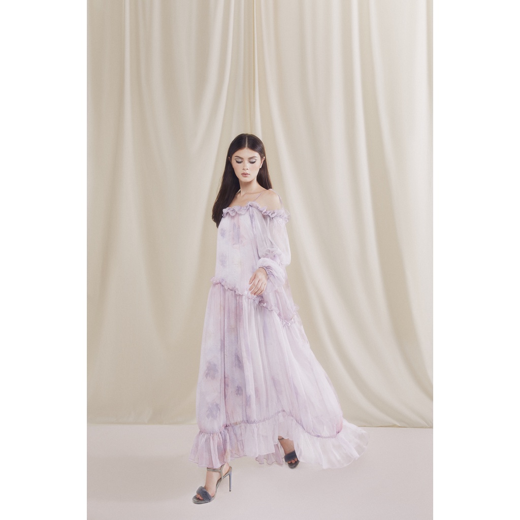 Achelois - Váy maxi tay bồng hoạ tiết Cannon Ball