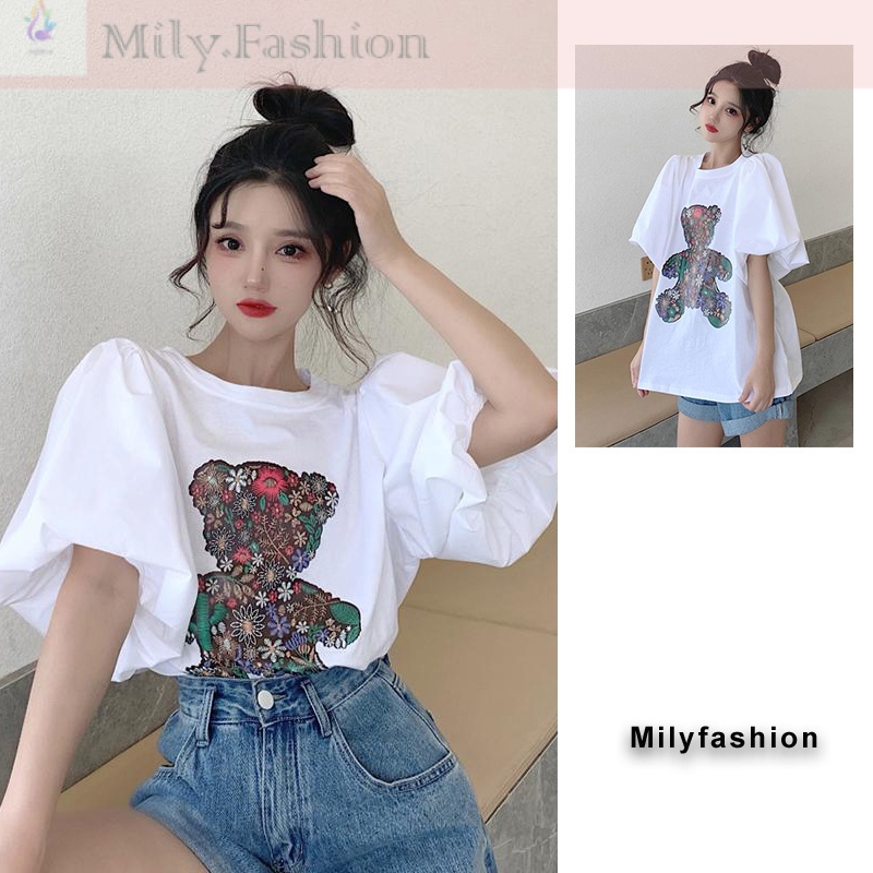 Áo Thun Ngắn Tay Dáng Rộng In Hình Gấu Thời Trang Mùa Hè Hàn Quốc