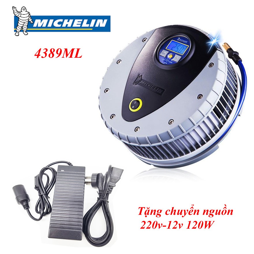 Michelin 4389ml_ Bơm ô tô chính hãng áp lực cao + Chuyển nguồn 220v-12v 120W cao cấp(đen)