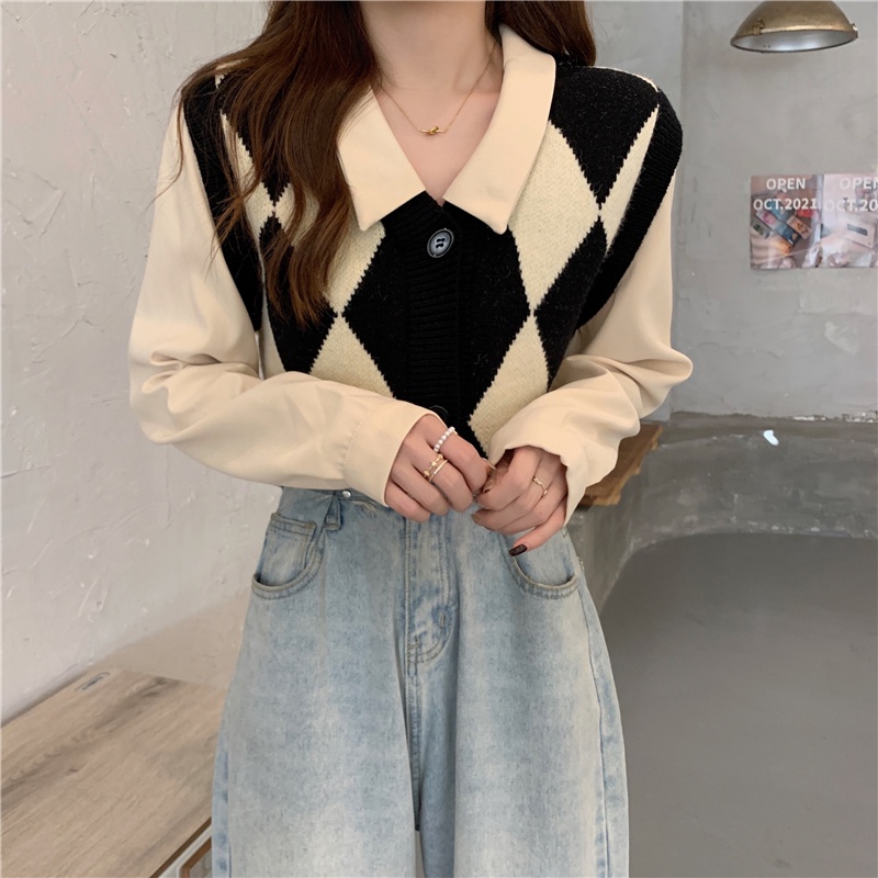 Áo len ZHELIHANGFEI tay dài giả hai lớp cổ polo dáng rộng họa tiết sọc caro dễ phối đồ