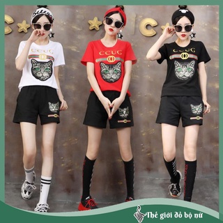 Set bộ Gucci thêu mèo kim sa cao cấp, vải cotton co giãn, không bai xù, kiểu dáng trẻ trung, cá tính