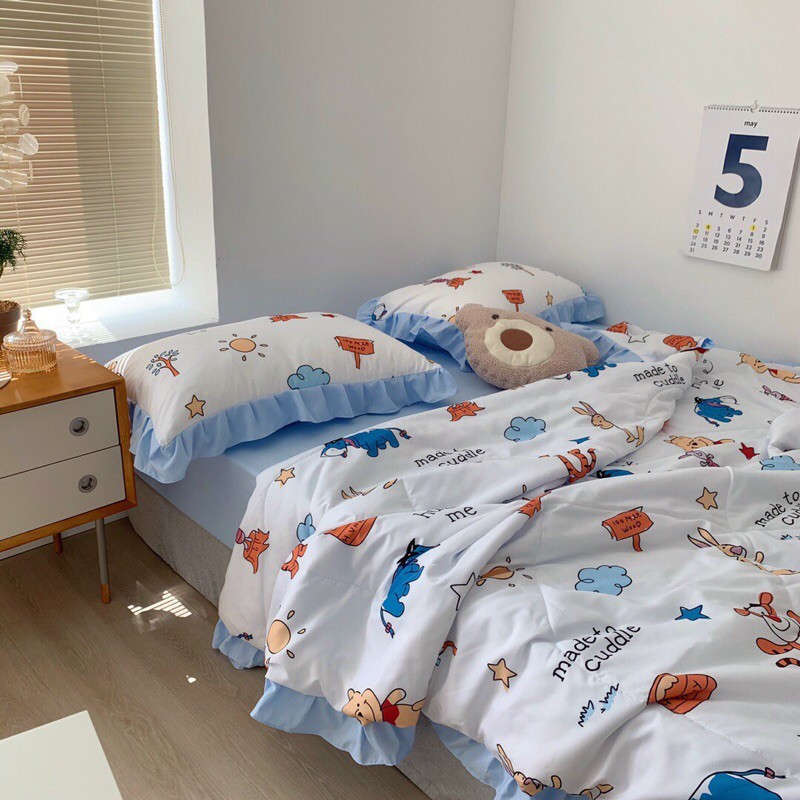 Bộ chăn ga 4 món cotton đũi bèo chăn trần hè thu nhập khẩu