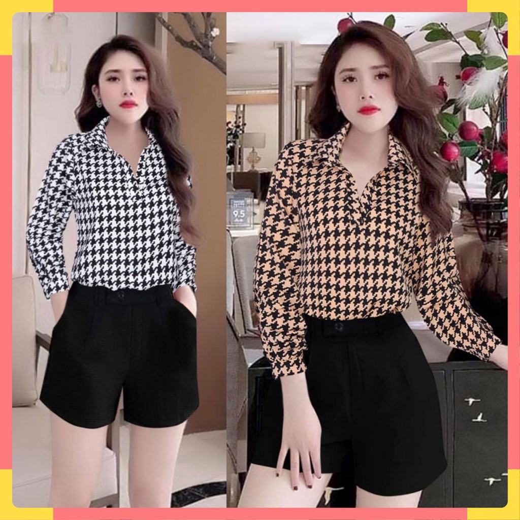 Trang Phục Nữ 🌟FREESHIP🌟 Set nguyên bộ quần short áo sơ mi tay dài họa tiết ziczac Mã SP: TJ1104