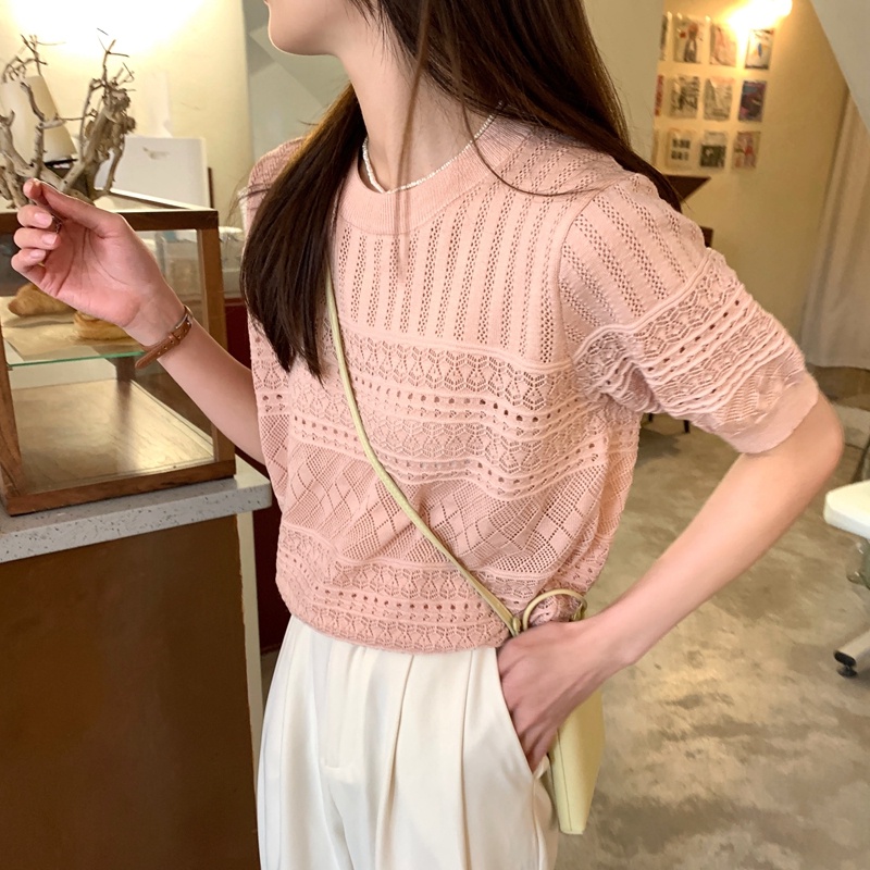 Áo len móc ZHELIHANGFEI tay ngắn dễ phối đồ hợp thời trang dành cho nữ