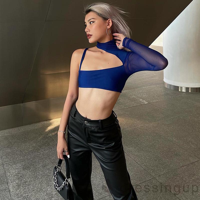 DRE-Women´s One Shoulder Short Tops, Long Sleeve Solid Color Hollow-Out Crop Tops