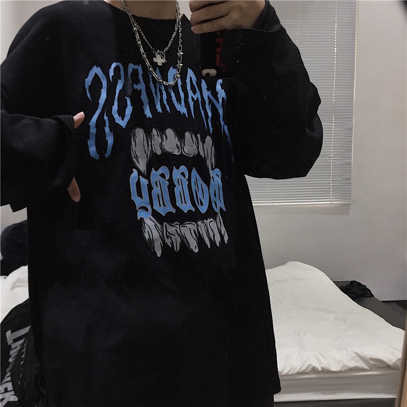 Áo Thun Tay Dài Cổ Tròn Dáng Rộng In Họa Tiết Phong Cách Hip Hop Thời Trang Hàn Quốc Cho Nam Size M-8Xl