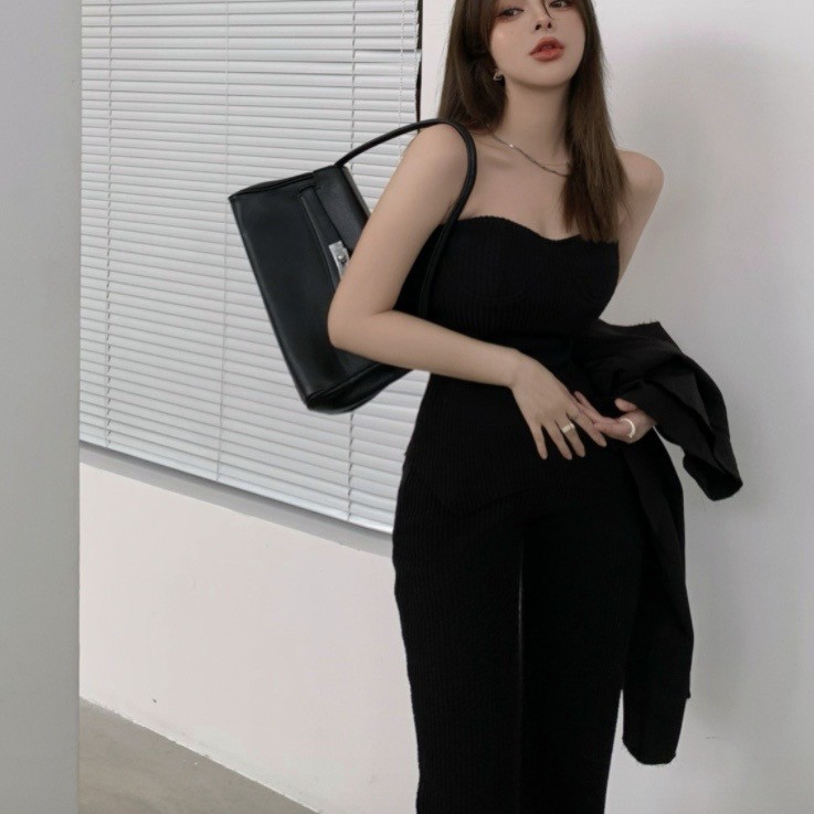 A16 Set Bộ Jumpsuit Cúp Ngực Dài Suông Kèm Áo Khoác Croptop Thời Trang | BigBuy360 - bigbuy360.vn