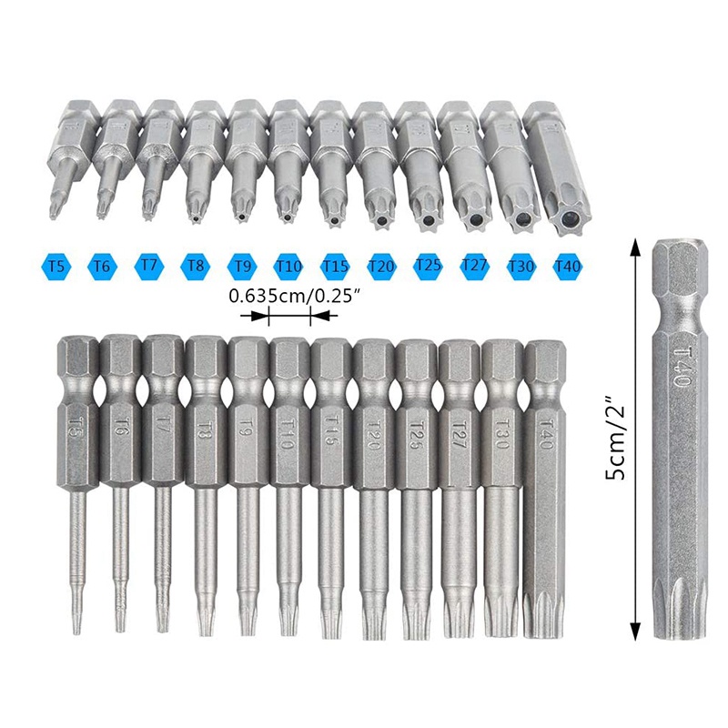 Bộ 12 Đầu Tua Vít Torx 1 / 4 Inch T5-T40 Kèm 1 Tay Cầm