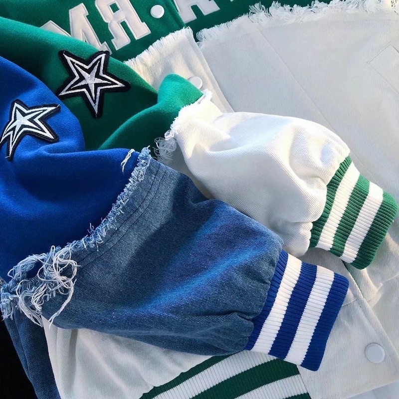 Áo khoác Varisity,Áo khoác bóng chày dạ phối jeans hoạ tiết thêu phong cách retro thời trang nam nữ