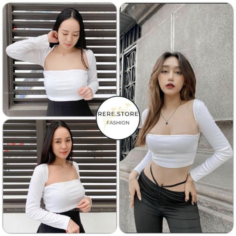 Áo Croptop Cổ Vuông Dài Tay - Rere.Store [FREESHIP] - Áo thun croptop nữ body dài tay KHOÉT VAI ་