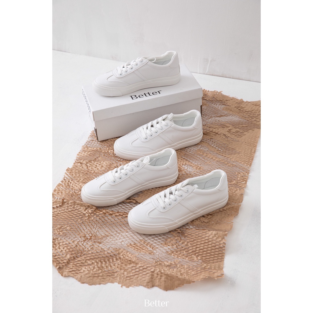 Giày Sneaker thể thao nữ da trắng trơn, viền chỉ nổi - Better shoes- 220522001