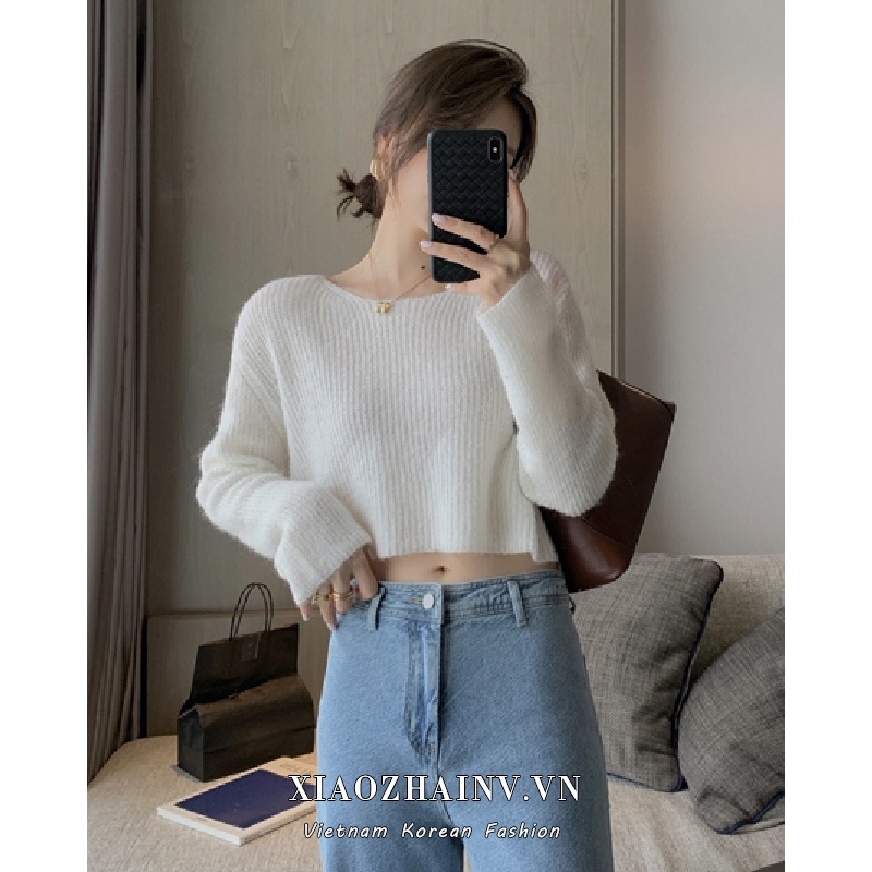 Xiaozhainv Áo sweater croptop dài tay dáng rộng thời trang Hàn Quốc cho nữ