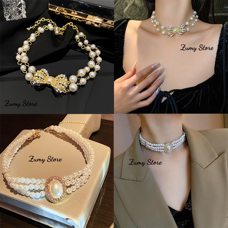 Vòng Cổ ngọc trai nhân tạo Dây Chuyền Chocker 02 Tầng Layer Vòng Cổ đính đá Thời Trang cao cấp
