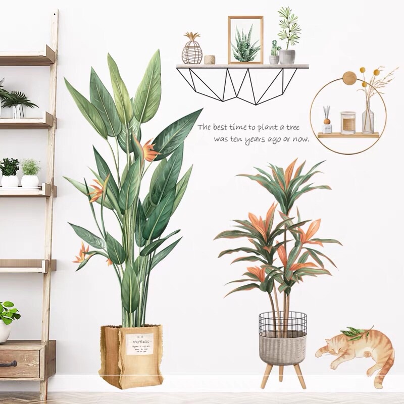 Decal dán tường chậu cây và chú mèo dễ thương
