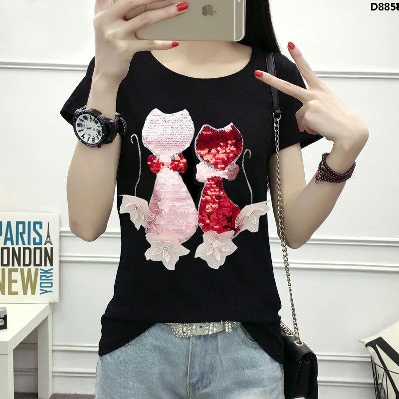 Áo Thun Ôm Tay Lỡ Đính Sequin Lấp Lánh Màu Sắc Thay Đổi Phong Cách Hàn Quốc Thời Trang Cho Nữ 2022