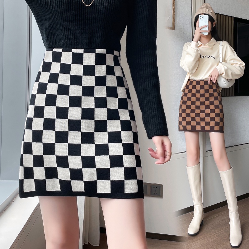 SUXI Chân Váy Dệt Kim Dáng Chữ A Họa Tiết Sọc Caro Phong Cách Retro