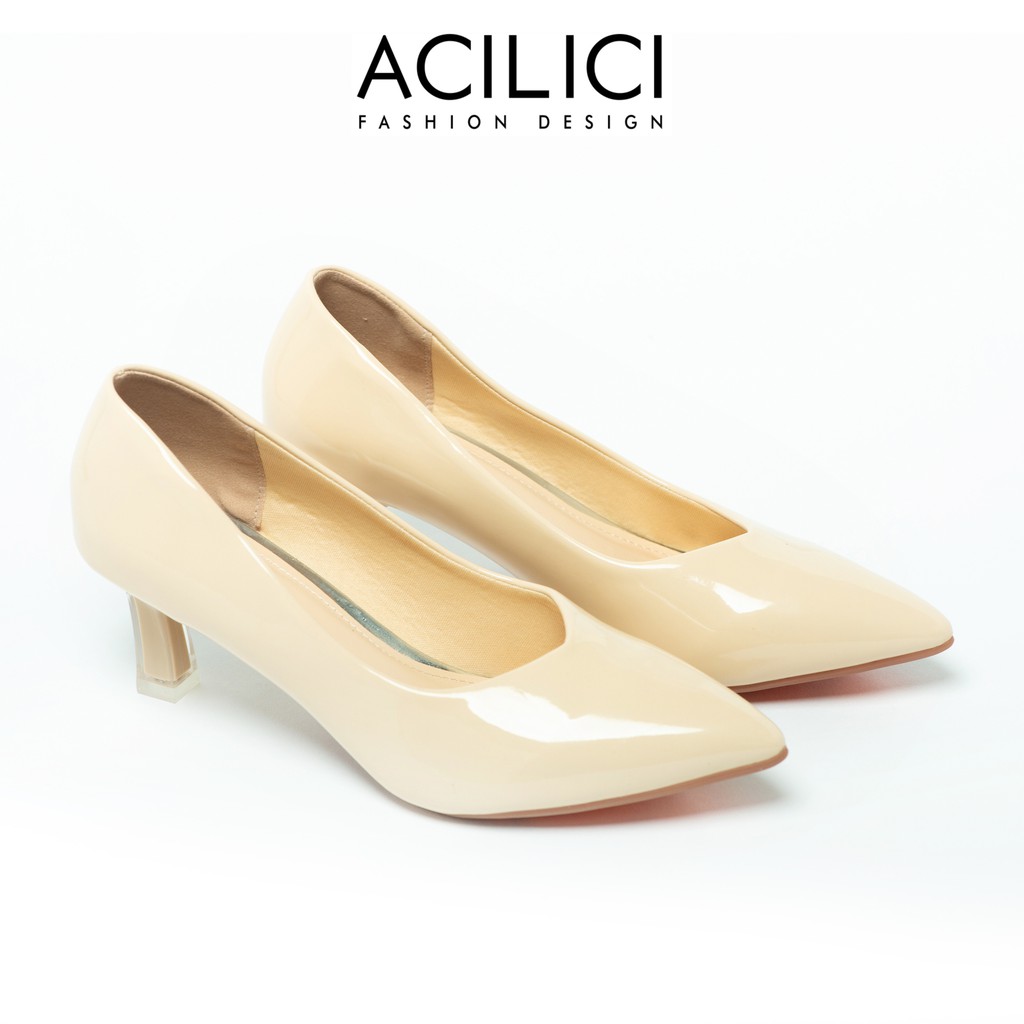 Giày cao gót nữ ACILICI mũi nhọn, giày búp bê da bóng gót nhọn cao 5p thời trang form chuẩn màu đen, kem, nâu_TC047
