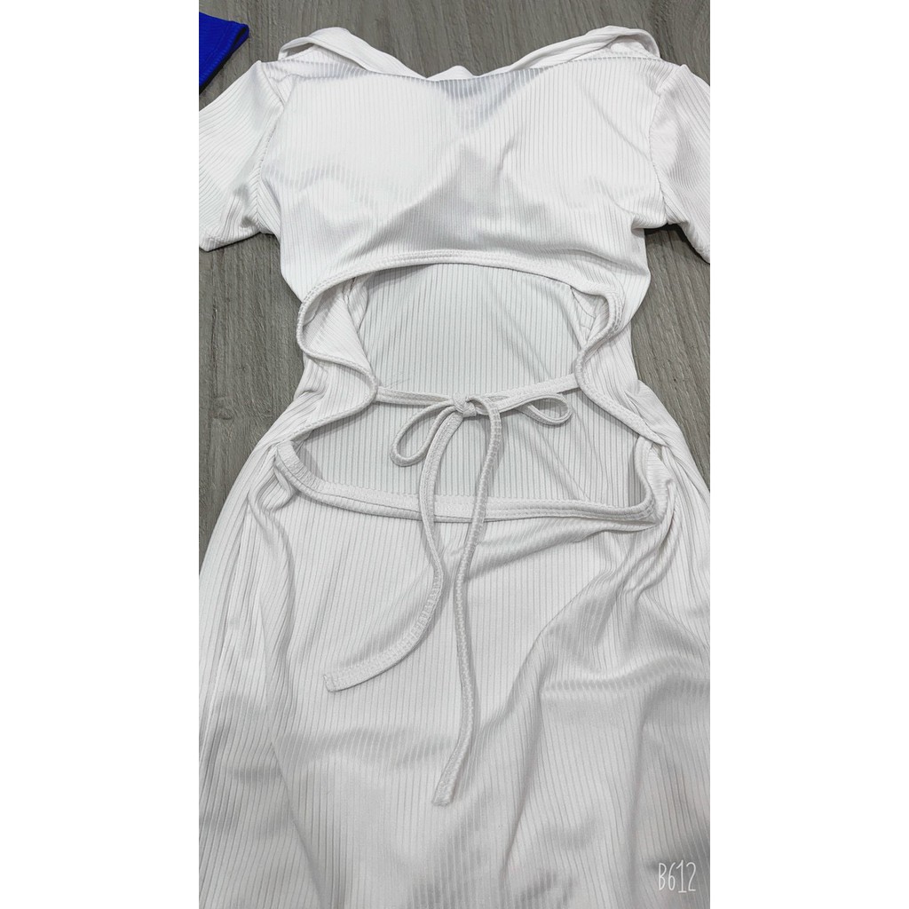 đầm body cổ bẻ thun gân đan dây lưng kèm mút
