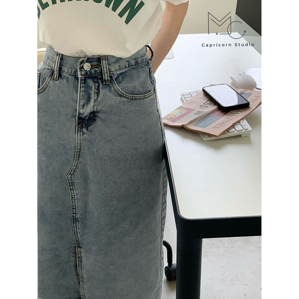 Chân váy Jean dài xẻ vạt lệch cá tính phong cách Ulzzang Hàn Quốc [MinC.Studio - MCCV005] | BigBuy360 - bigbuy360.vn