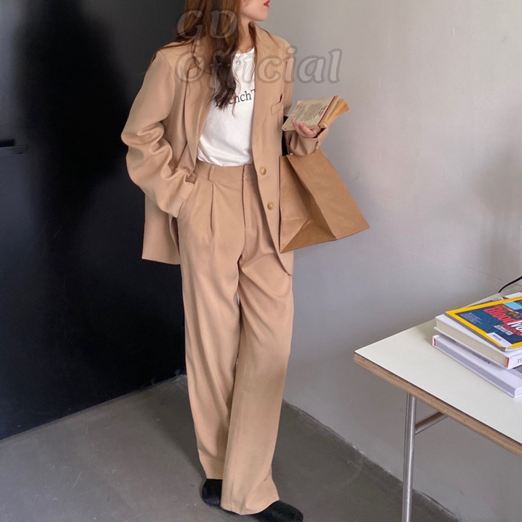 B27|Set bộ nữ áo khoác blazer trơn dài tay dày dặn, quần tây cạp lưng cao dáng rộng suông chất kaki nâu,vàng GD Official