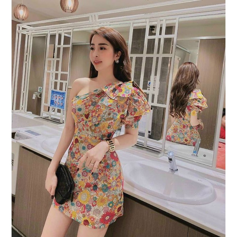 Đầm body lệch vai nơ họa tiết hoa lá ( có mút ngực)