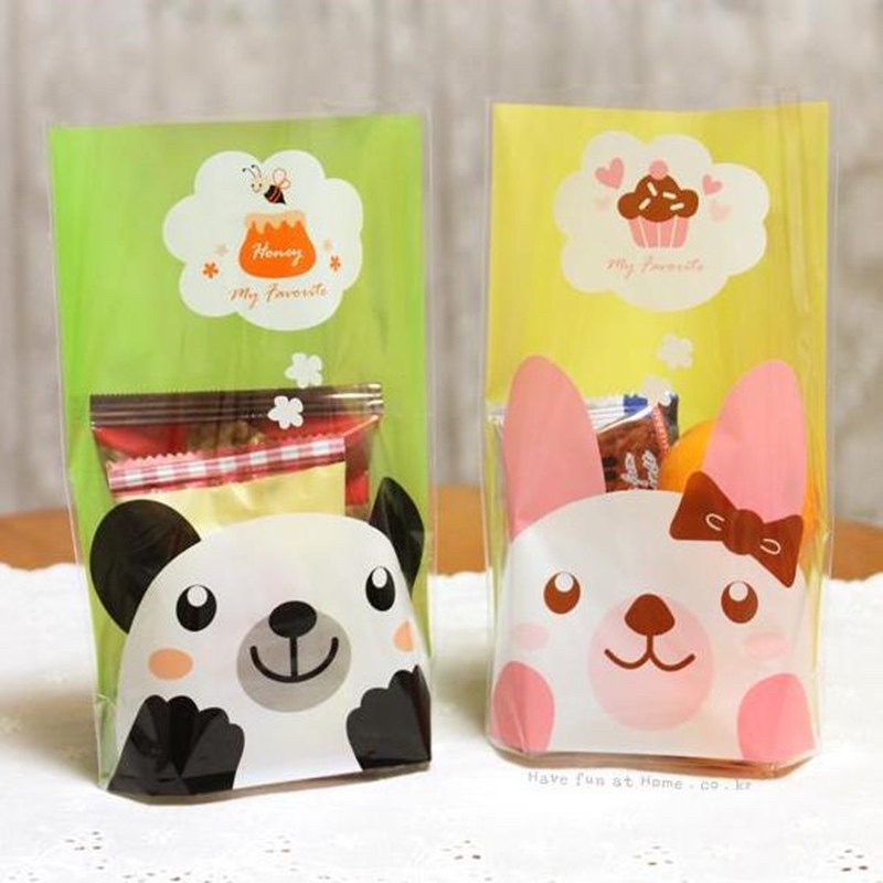 Set 10, 20, 50 túi kiếng đựng bánh cookie, quà tặng gấu vàng và xanh 14 x 20 cm