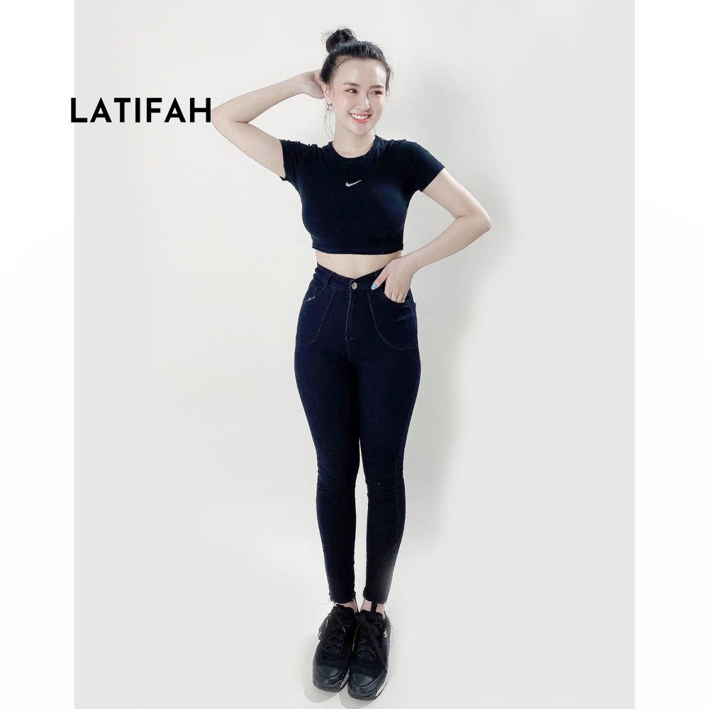 [Mã BMLTA50 giảm 10% đơn 99K] Quần dài jeans nữ co giãn LATIFAH cạp siêu cao đắp 2 túi tròn QD003