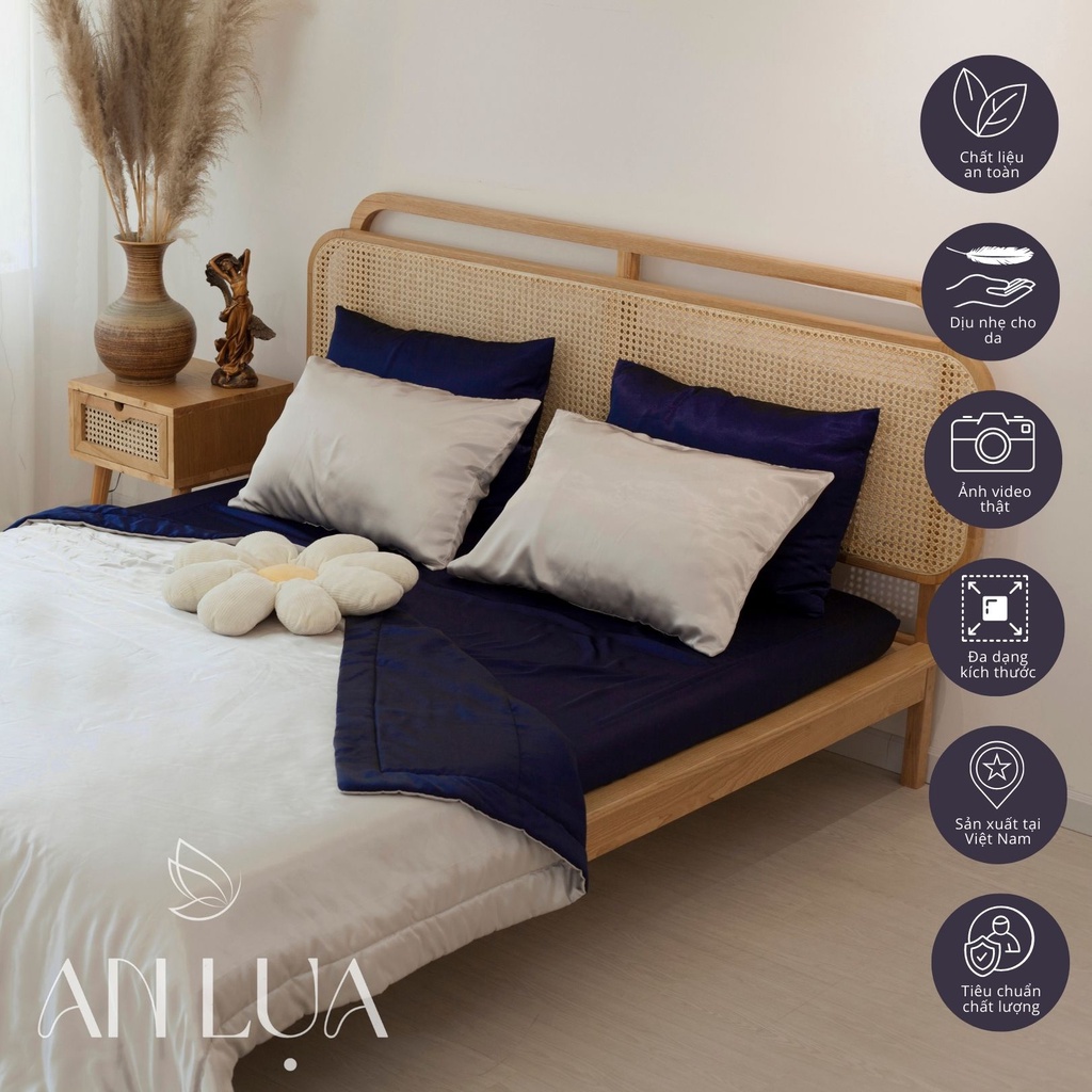 Bộ chăn drap 5 món An Lụa - Xám bạc + xanh đen - vải lụa mịn mát và thân thiện cho da