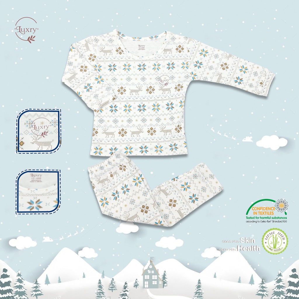 Bộ quần áo dài tay thu đông vải sợi tre 2 lớp siêu mềm mịn, ấm áp họa tiết dễ thương nhà Luxry cho bé