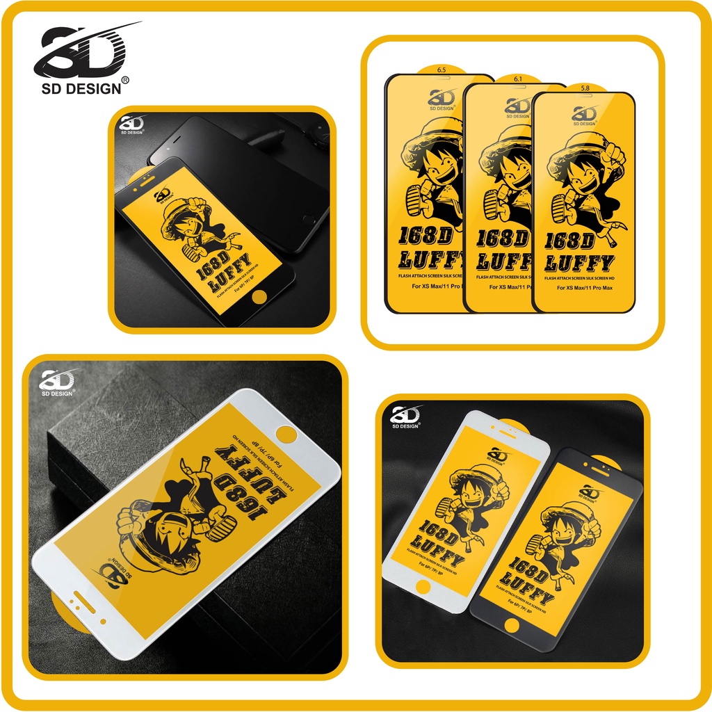✅Loại tốt Mới✅ Kính cường lực chính hãng dành cho Iphone 168D LUFFY Ip 6/s/7/7plus/8/8plus/plus/x/xr/xs/11/12/13/pro/max