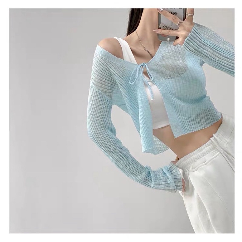Áo len khoác mỏng cardigan - len dệt kim bảng màu pastel kiểu buộc sexy