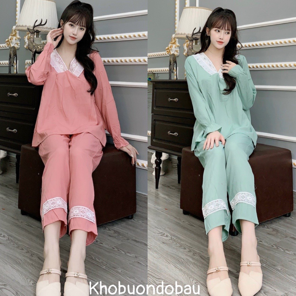 Bộ đồ dài tay chất đũi siêu xinh cổ ren tiểu thư mặc bầu và sau sinh BD906