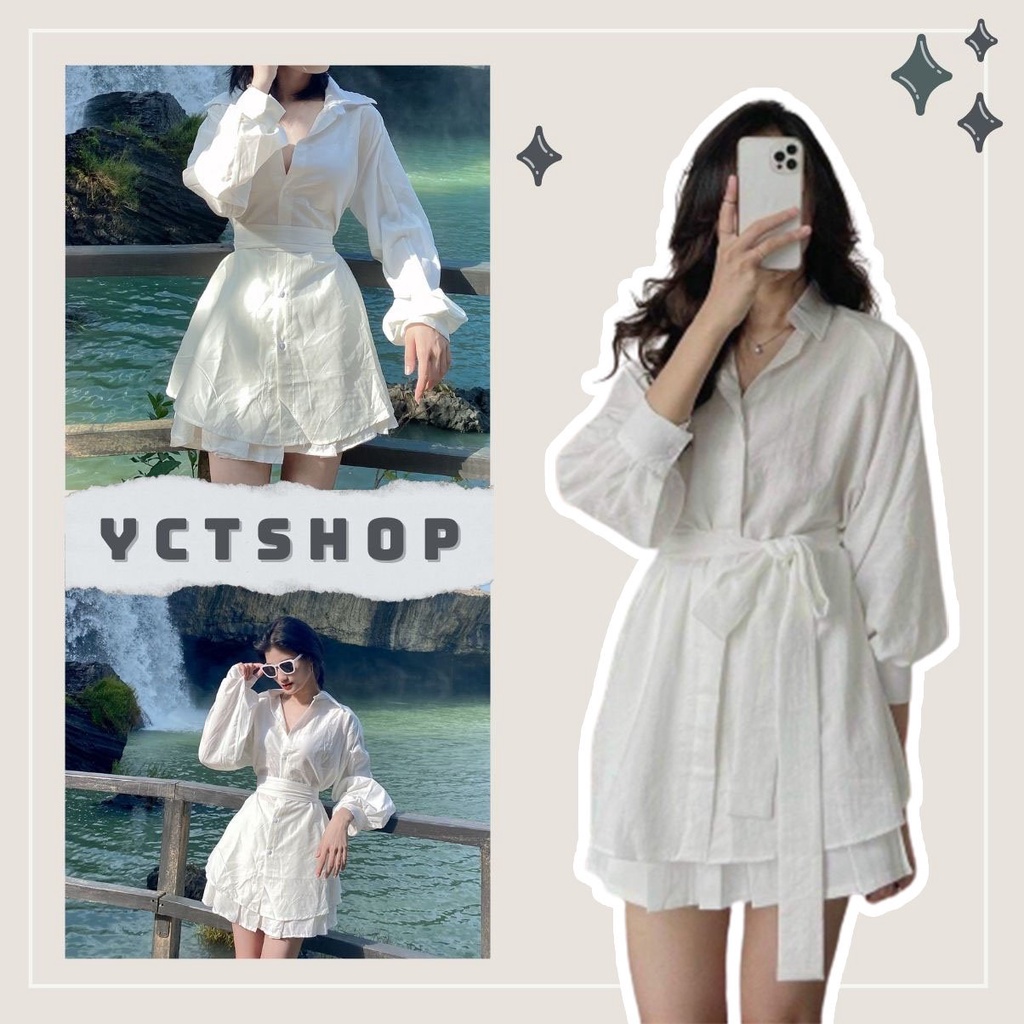 Sét váy sơ mi kèm đai buộc chất liệu đũi 000044