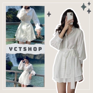 Sét váy sơ mi kèm đai buộc chất liệu đũi 000044